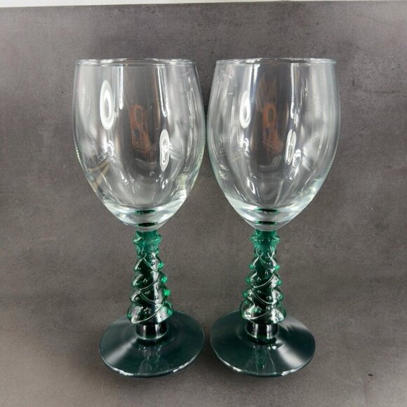 Libbey Green Christmas Tree Stem Water Goblet Wine Glass Crystal Cup Set Of 2 - Picture 1 of 15